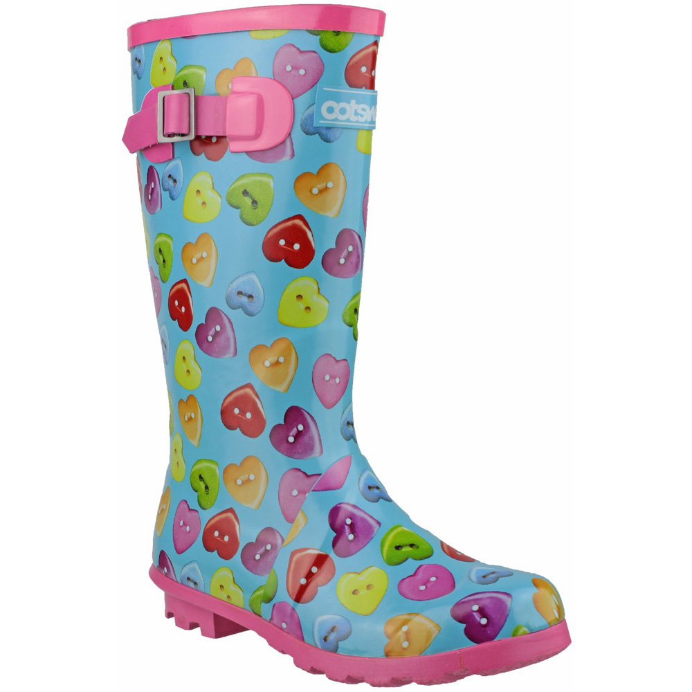 Cotswold Girls Button Heart Patterned Welly Wellington Boot Royal