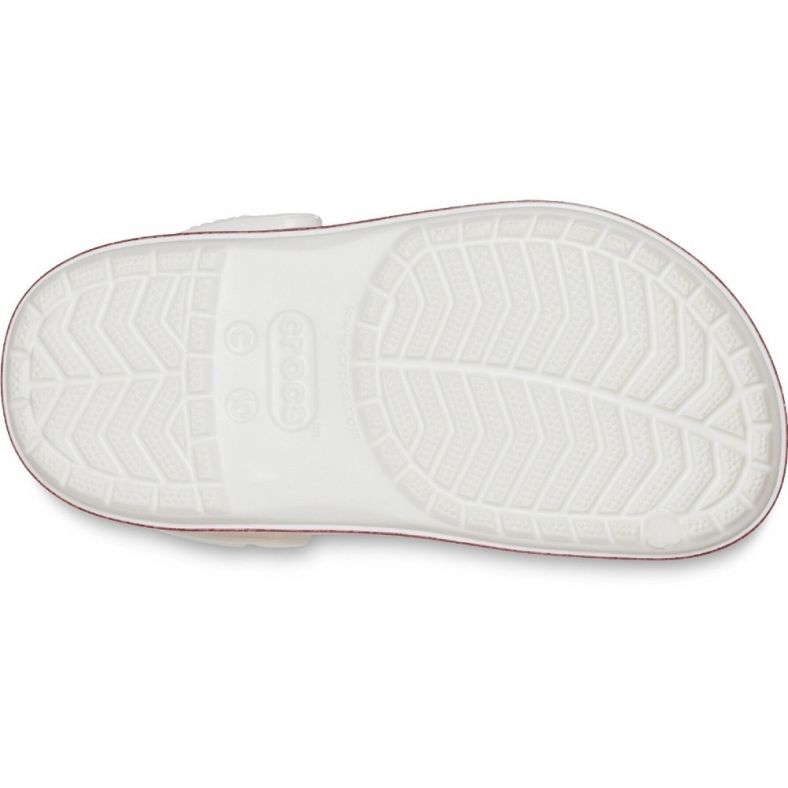 White crocs with 2025 rainbow bottom
